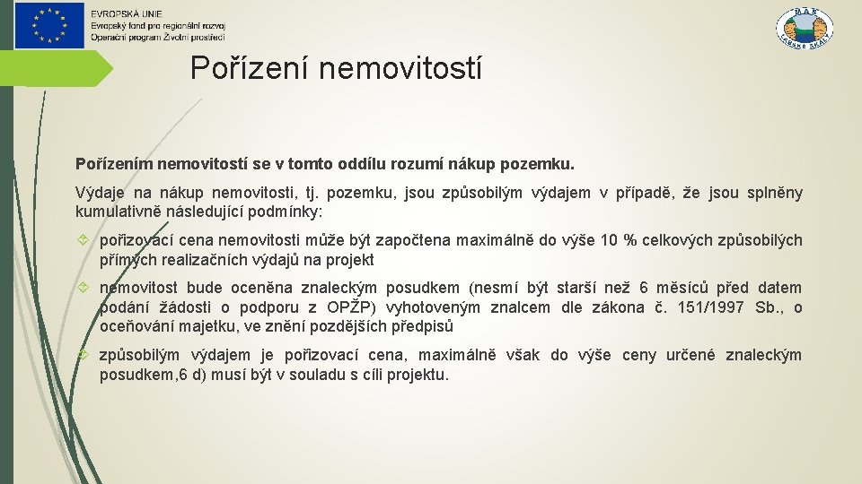 Pořízení nemovitostí Pořízením nemovitostí se v tomto oddílu rozumí nákup pozemku. Výdaje na nákup