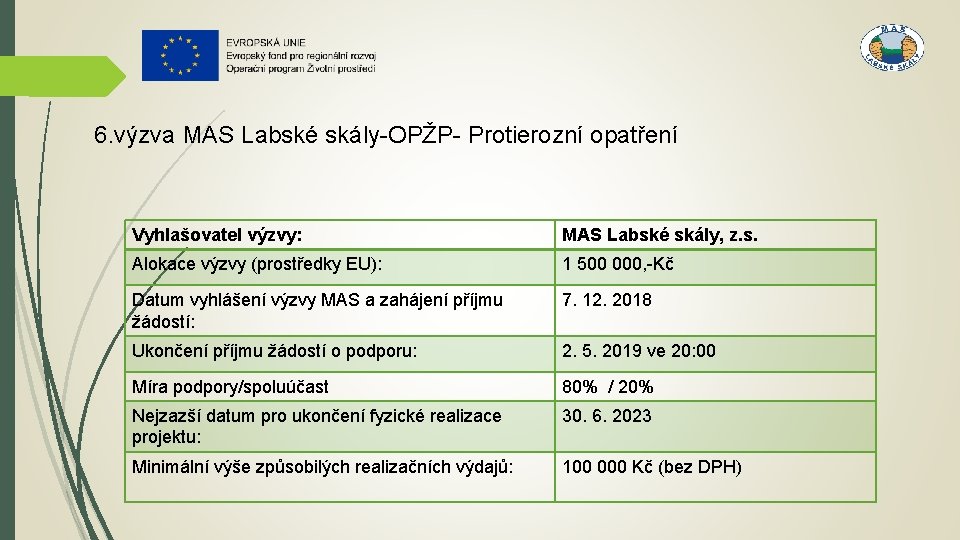 6. výzva MAS Labské skály-OPŽP- Protierozní opatření Vyhlašovatel výzvy: MAS Labské skály, z. s.