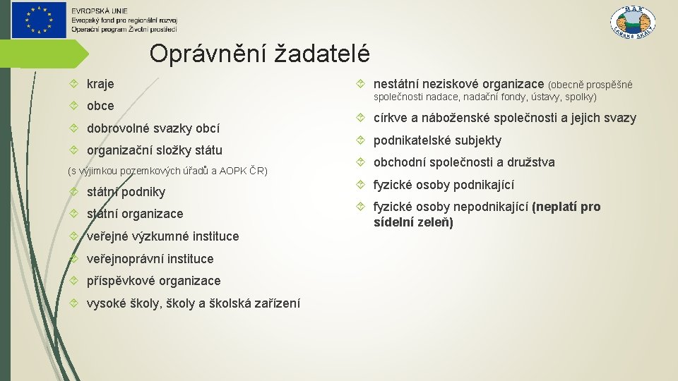 Oprávnění žadatelé kraje obce dobrovolné svazky obcí organizační složky státu (s výjimkou pozemkových úřadů