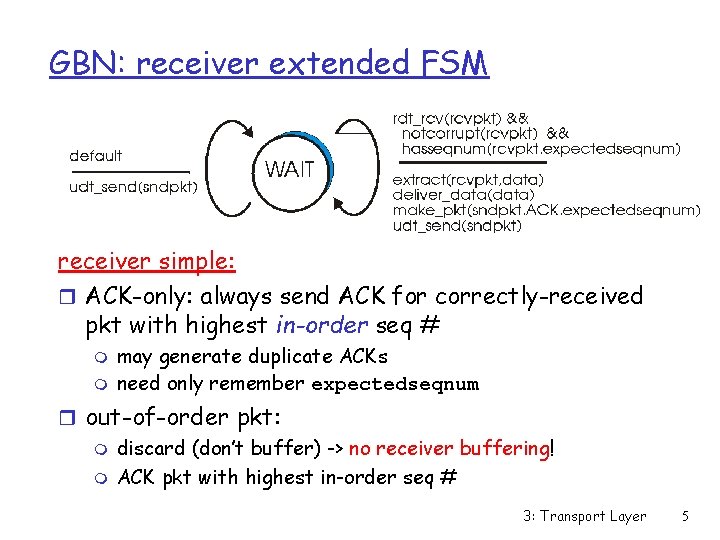 GBN: receiver extended FSM receiver simple: r ACK-only: always send ACK for correctly-received pkt