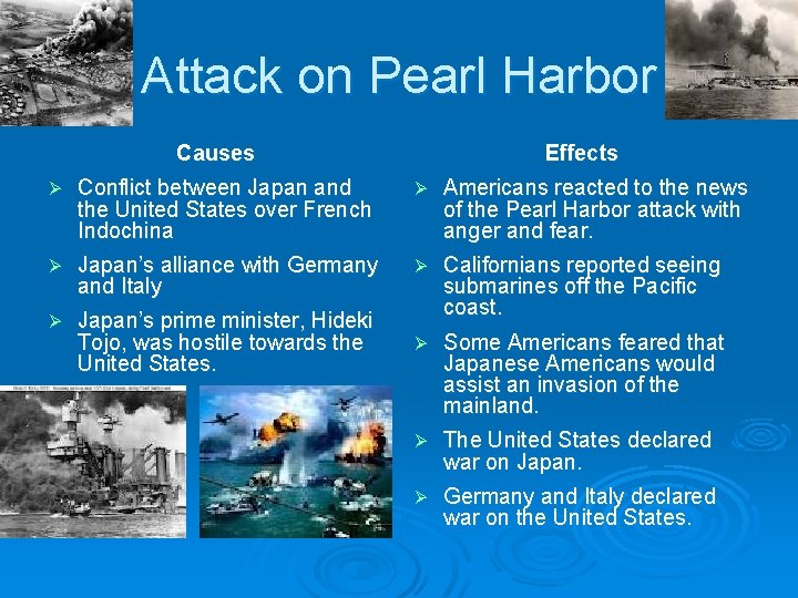 Attack on Pearl Harbor Causes Effects Ø Conflict between Japan and the United States Attack on Pearl Harbor Causes Effects Ø Conflict between Japan and the United States