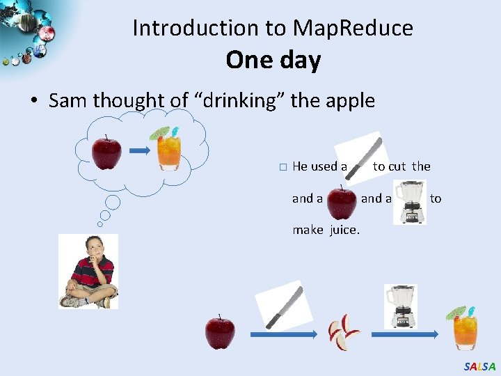 Introduction to Map. Reduce One day • Sam thought of “drinking” the apple �