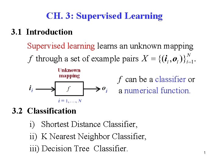 CH. 3: Supervised Learning 3. 1 Introduction Supervised learning learns an unknown mapping f