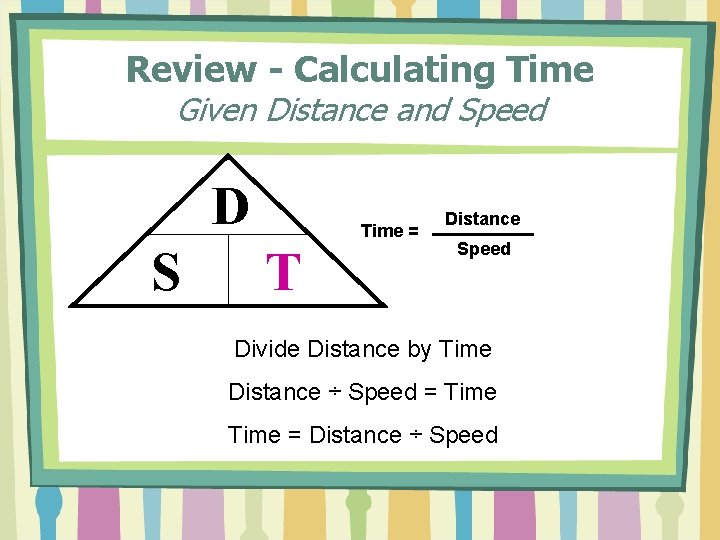 Review - Calculating Time Given Distance and Speed D S Time = T Distance