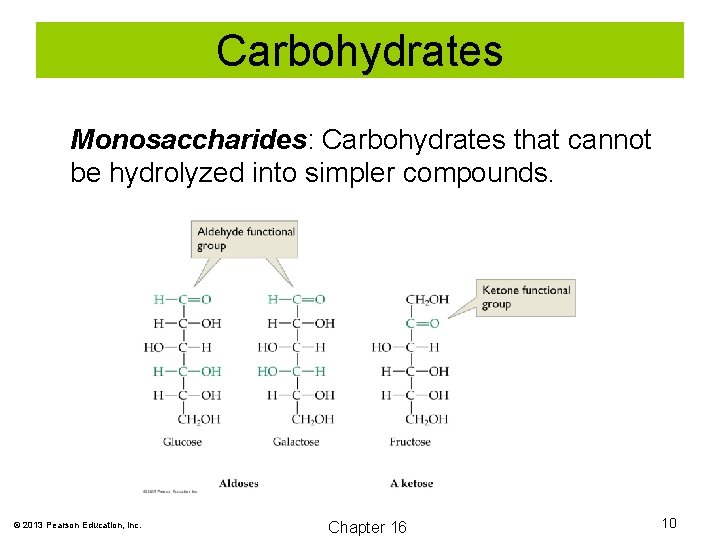 Carbohydrates Monosaccharides: Carbohydrates that cannot be hydrolyzed into simpler compounds. © 2013 Pearson Education,