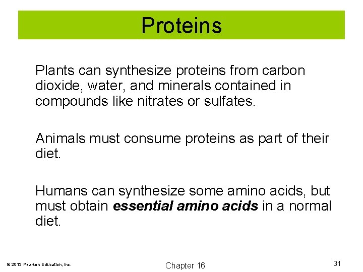 Proteins Plants can synthesize proteins from carbon dioxide, water, and minerals contained in compounds
