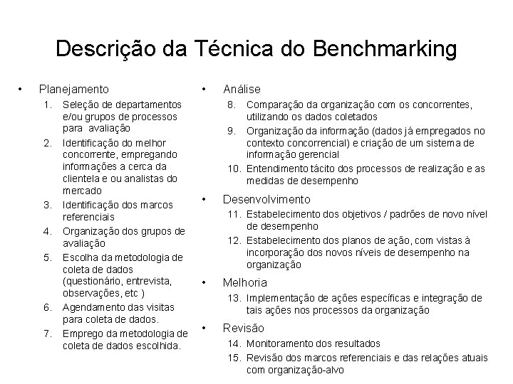 Descrição da Técnica do Benchmarking • Planejamento 1. 2. 3. 4. 5. 6. 7.
