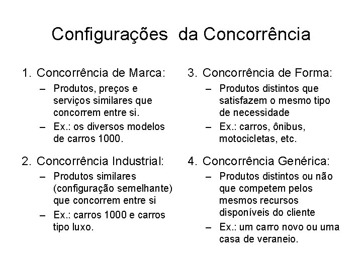 Configurações da Concorrência 1. Concorrência de Marca: 3. Concorrência de Forma: – Produtos, preços