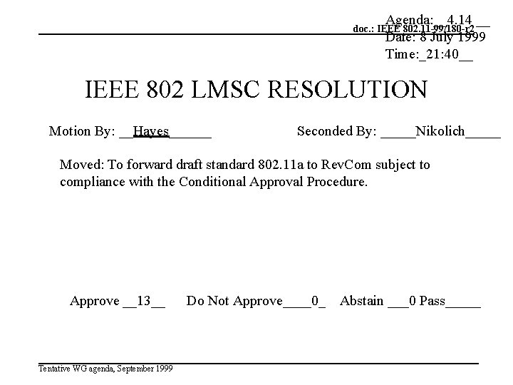 Agenda: __4. 14 __ Date: 8 July 1999 Time: _21: 40__ doc. : IEEE