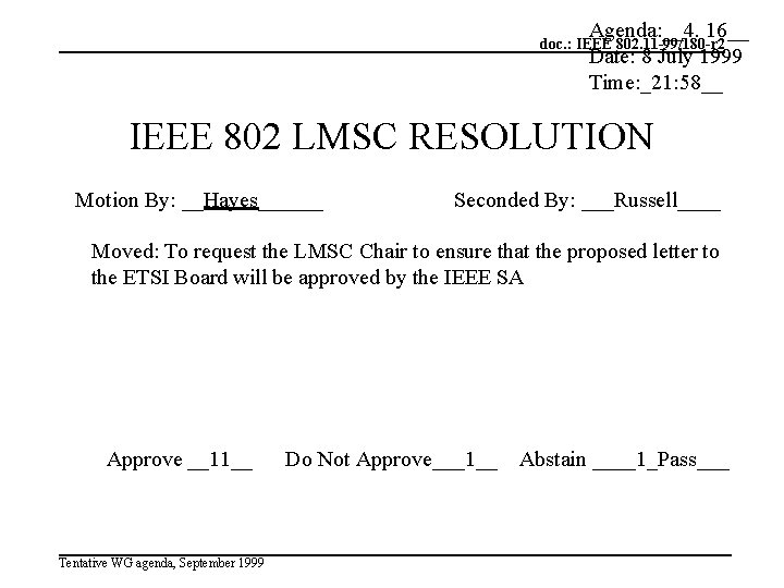 Agenda: __4. 16__ Date: 8 July 1999 Time: _21: 58__ doc. : IEEE 802.