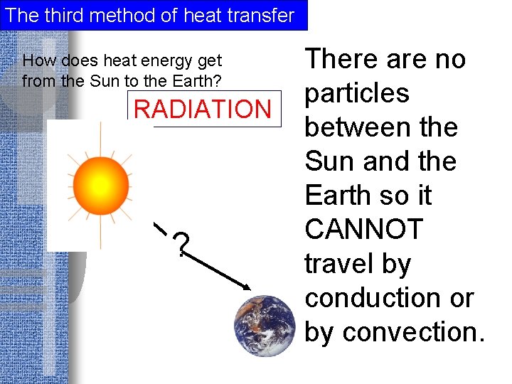 The third method of heat transfer How does heat energy get from the Sun