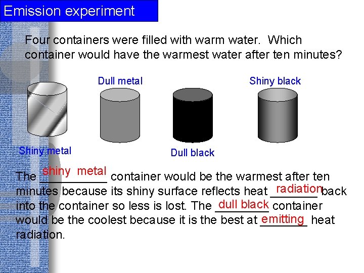 Emission experiment Four containers were filled with warm water. Which container would have the