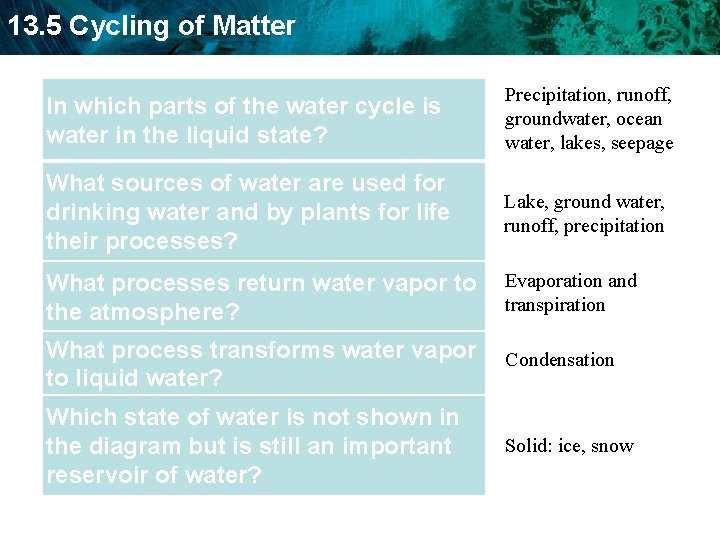 13. 5 Cycling of Matter In which parts of the water cycle is water