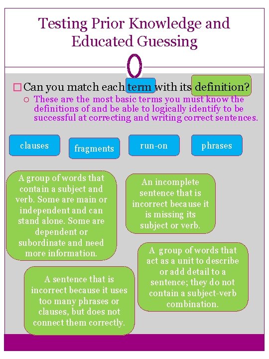 Testing Prior Knowledge and Educated Guessing � Can you match each term with its