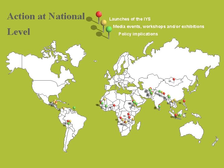 Action at National Level Launches of the IYS Media events, workshops and/or exhibitions Policy