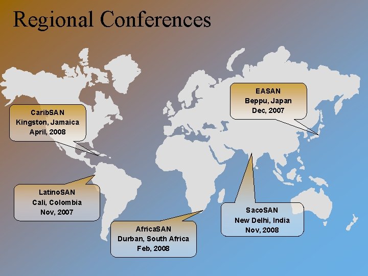Regional Conferences EASAN Beppu, Japan Dec, 2007 Carib. SAN Kingston, Jamaica April, 2008 Latino.