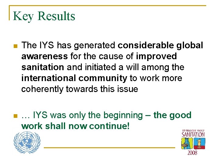 Key Results n The IYS has generated considerable global awareness for the cause of