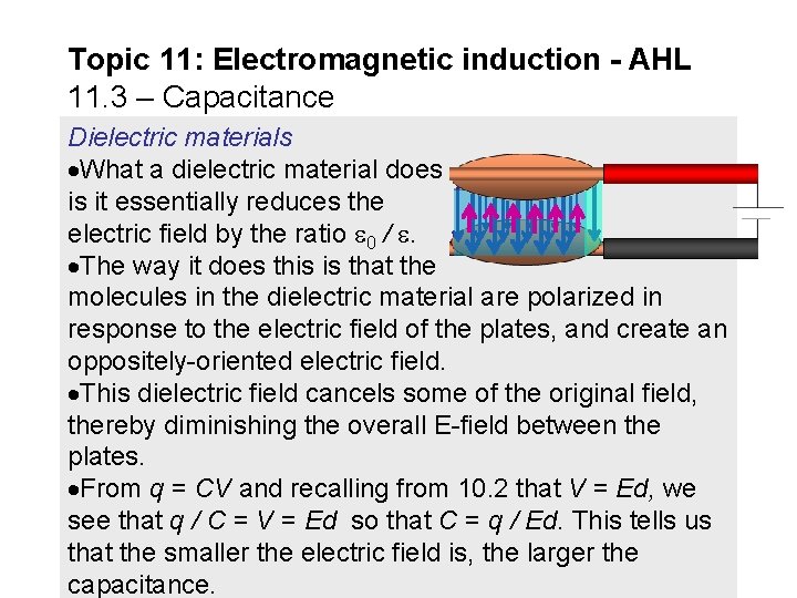 Topic 11: Electromagnetic induction - AHL 11. 3 – Capacitance Dielectric materials What a