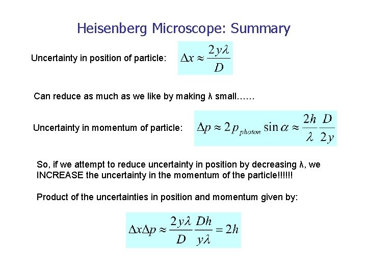 Heisenberg Microscope: Summary Uncertainty in position of particle: Can reduce as much as we