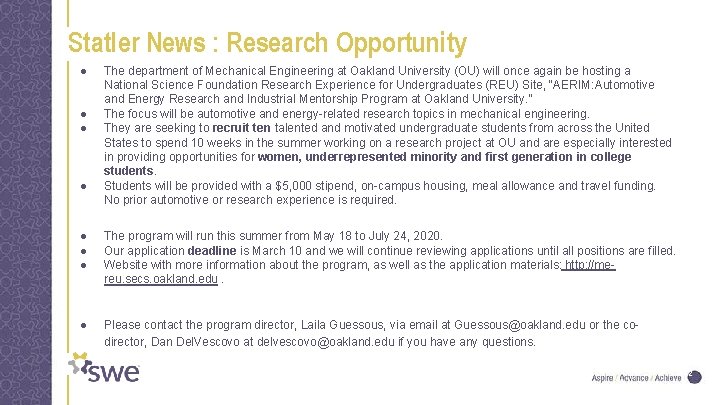 Statler News : Research Opportunity ● ● The department of Mechanical Engineering at Oakland