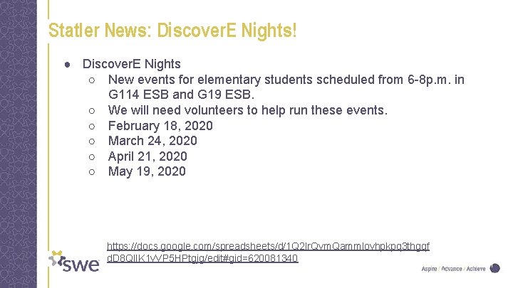 Statler News: Discover. E Nights! ● Discover. E Nights ○ New events for elementary