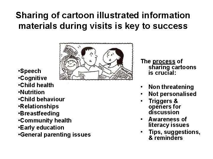 Sharing of cartoon illustrated information materials during visits is key to success • Speech