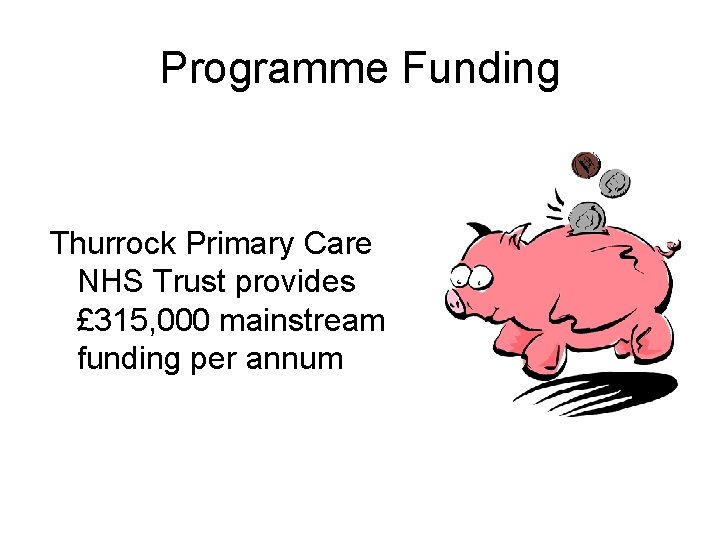 Programme Funding Thurrock Primary Care NHS Trust provides £ 315, 000 mainstream funding per