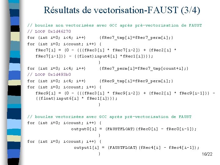 Résultats de vectorisation-FAUST (3/4) // boucles non vectorisées avec GCC après pré-vectorisation de FAUST