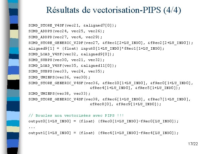 Résultats de vectorisation-PIPS (4/4) SIMD_STORE_V 4 SF(vec 21, &aligned 7[0]); SIMD_ADDPS(vec 24, vec 25,