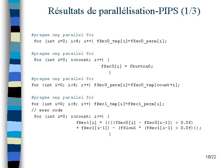 Résultats de parallélisation-PIPS (1/3) #pragma omp parallel for (int i=0; i<4; i++) f. Xec