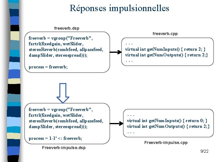 Réponses impulsionnelles freeverb. dsp freeverb = vgroup("Freeverb", fxctrl(fixedgain, wet. Slider, stereo. Reverb(combfeed, allpassfeed, damp.