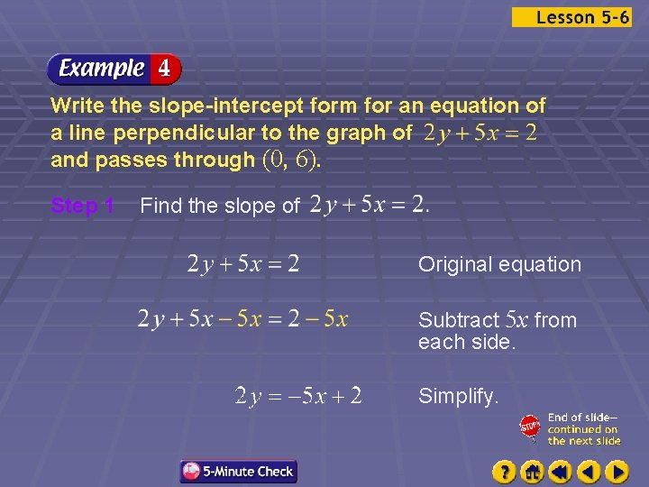 Write the slope-intercept form for an equation of a line perpendicular to the graph