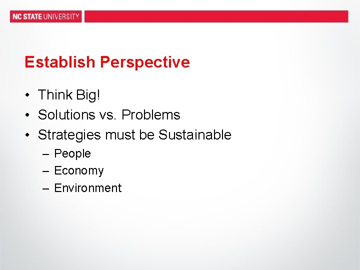 Establish Perspective • Think Big! • Solutions vs. Problems • Strategies must be Sustainable