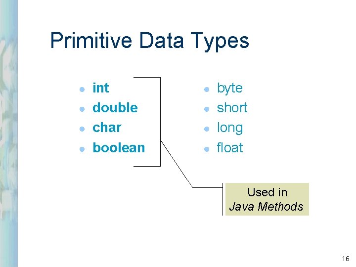 Primitive Data Types l l int double char boolean l l byte short long Primitive Data Types l l int double char boolean l l byte short long