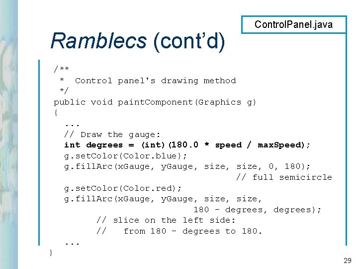 Ramblecs (cont’d) Control. Panel. java /** * Control panel's drawing method */ public void Ramblecs (cont’d) Control. Panel. java /** * Control panel's drawing method */ public void