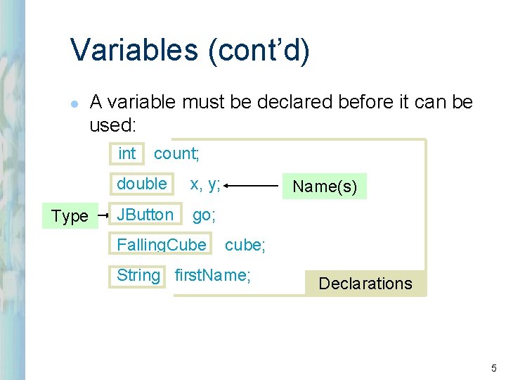 Variables (cont’d) l A variable must be declared before it can be used: int Variables (cont’d) l A variable must be declared before it can be used: int