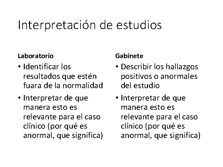 Interpretación de estudios Laboratorio Gabinete • Identificar los resultados que estén fuara de la