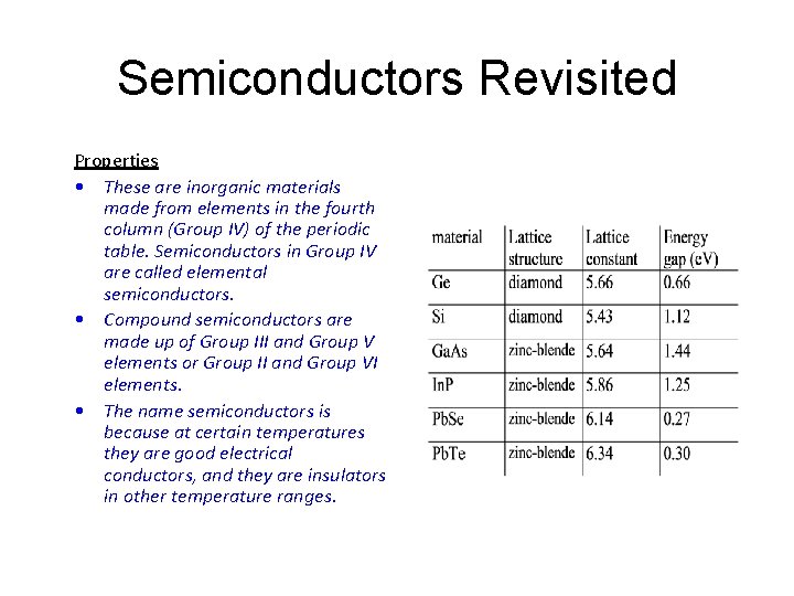 Semiconductors Revisited Properties • These are inorganic materials made from elements in the fourth