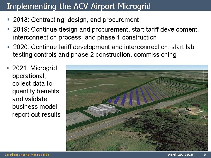 Implementing the ACV Airport Microgrid § 2018: Contracting, design, and procurement § 2019: Continue