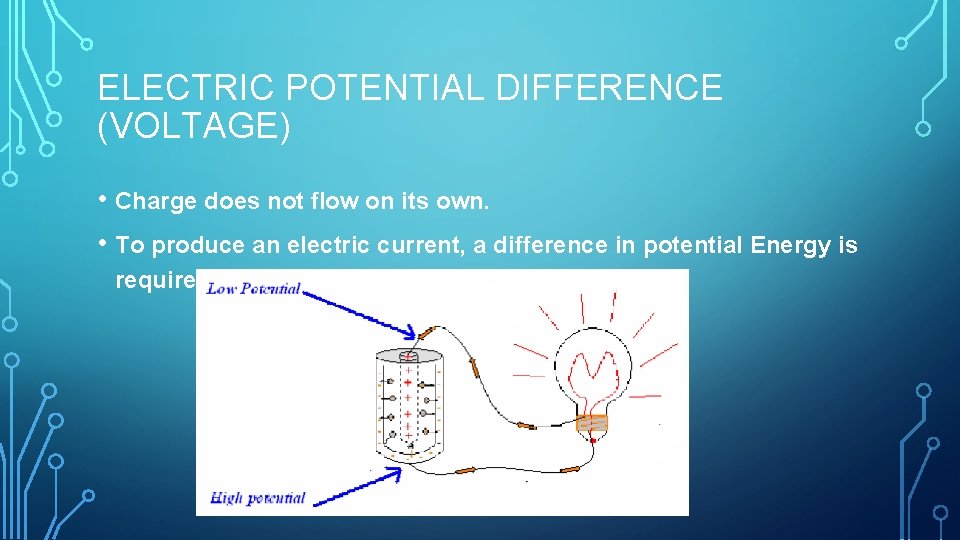 ELECTRIC POTENTIAL DIFFERENCE (VOLTAGE) • Charge does not flow on its own. • To