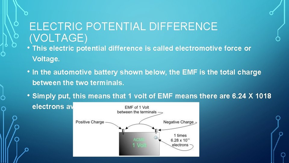 ELECTRIC POTENTIAL DIFFERENCE (VOLTAGE) • This electric potential difference is called electromotive force or