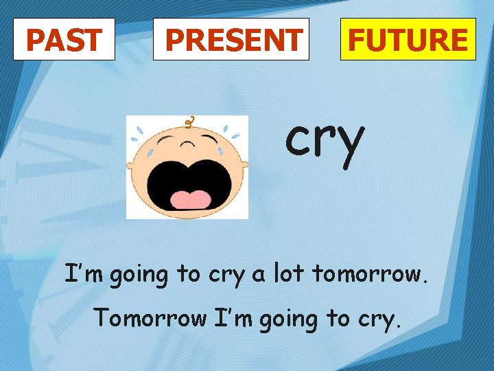 PAST PRESENT FUTURE cry I’m going to cry a lot tomorrow. Tomorrow I’m going