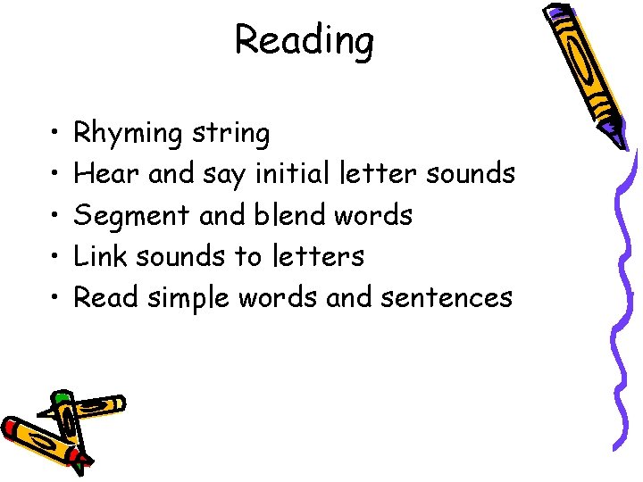 Reading • • • Rhyming string Hear and say initial letter sounds Segment and