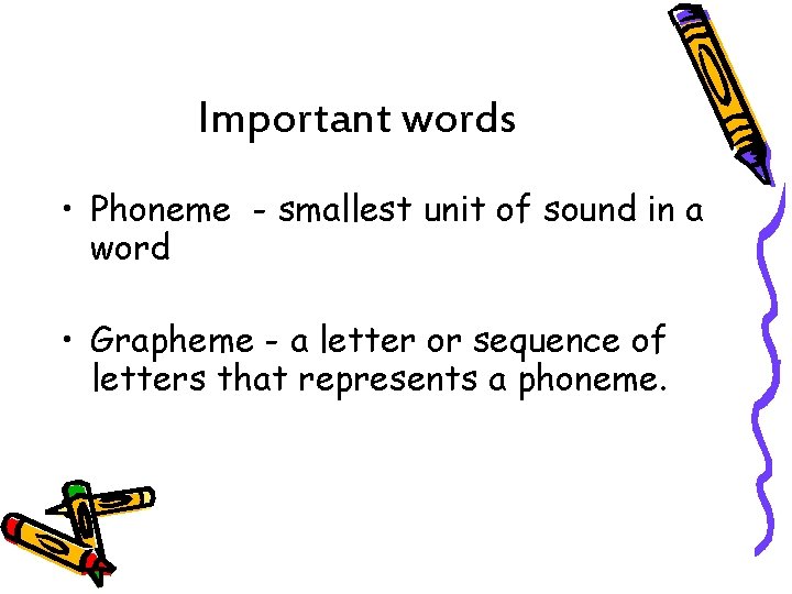 Important words • Phoneme - smallest unit of sound in a word • Grapheme