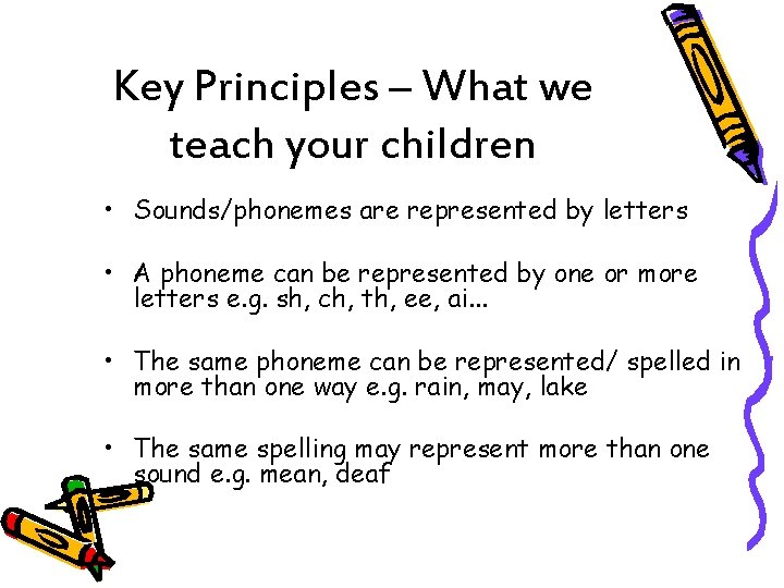 Key Principles – What we teach your children • Sounds/phonemes are represented by letters