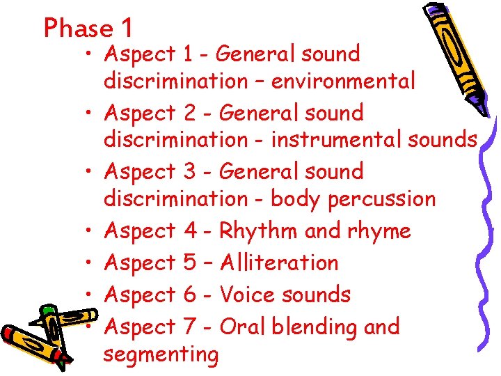 Phase 1 • Aspect 1 - General sound discrimination – environmental • Aspect 2