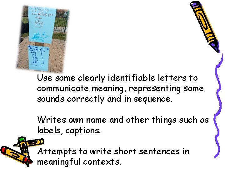 Use some clearly identifiable letters to communicate meaning, representing some sounds correctly and in