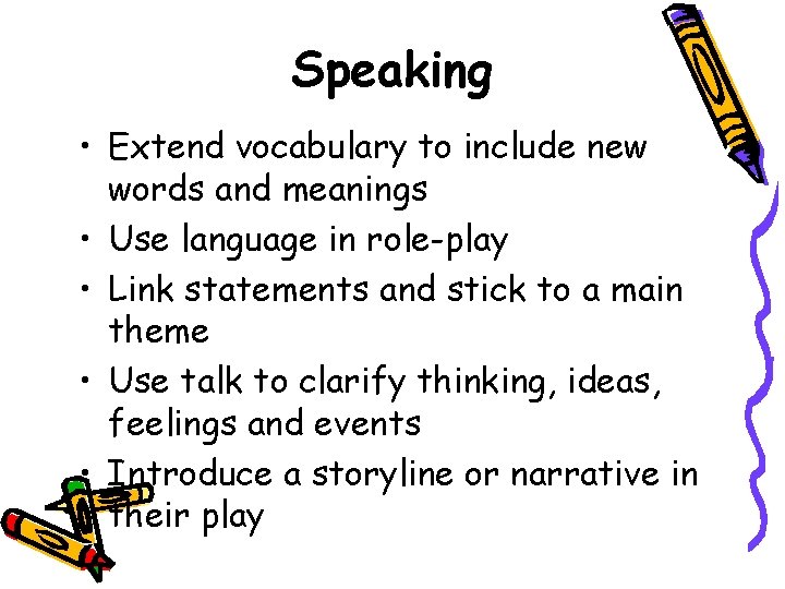 Speaking • Extend vocabulary to include new words and meanings • Use language in