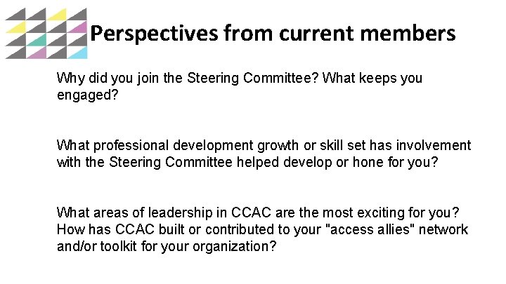 Perspectives from current members Why did you join the Steering Committee? What keeps you