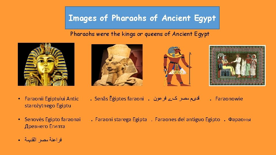 Images of Pharaohs of Ancient Egypt Pharaohs were the kings or queens of Ancient